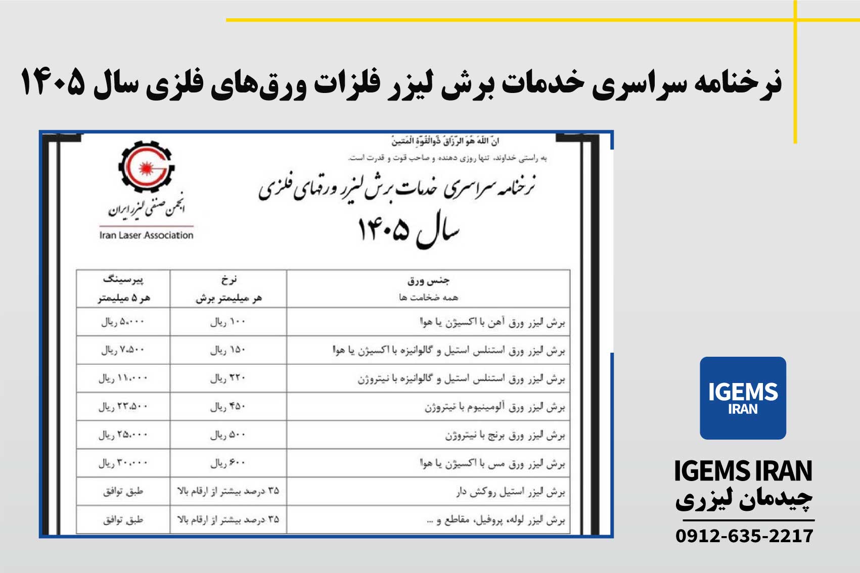 نرخنامه سراسری خدمات برش لیزر فلزات سال 1405